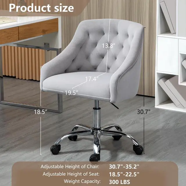 Alt view image 3 of 6 - Home Office Chair, Velvet Swivel Adjustable Accent Vanity Chair with Arms Nailhead Trim for Bedroom, for to Living Room, Studying, Office (Dove Grey)