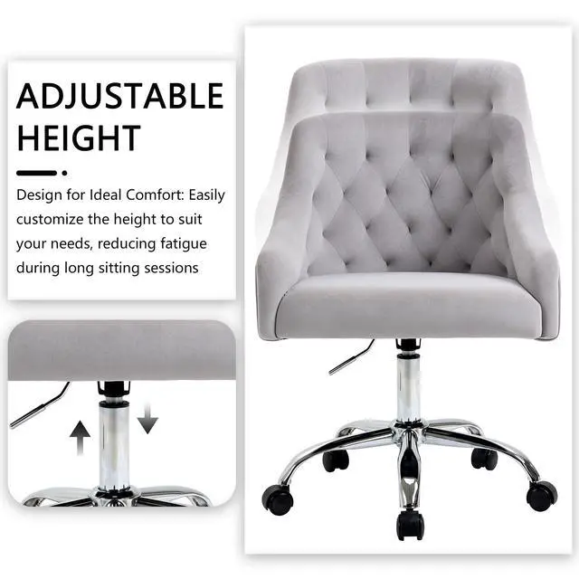 Alt view image 4 of 6 - Home Office Chair, Velvet Swivel Adjustable Accent Vanity Chair with Arms Nailhead Trim for Bedroom, for to Living Room, Studying, Office (Dove Grey)