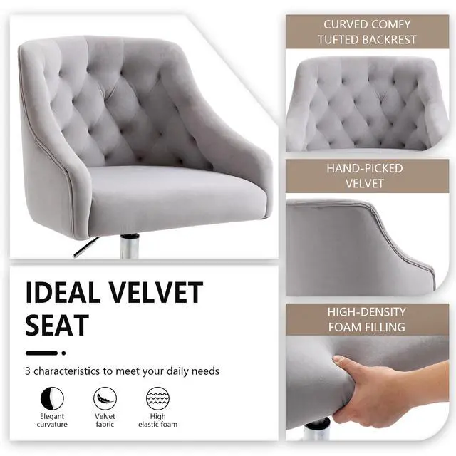 Alt view image 5 of 6 - Home Office Chair, Velvet Swivel Adjustable Accent Vanity Chair with Arms Nailhead Trim for Bedroom, for to Living Room, Studying, Office (Dove Grey)