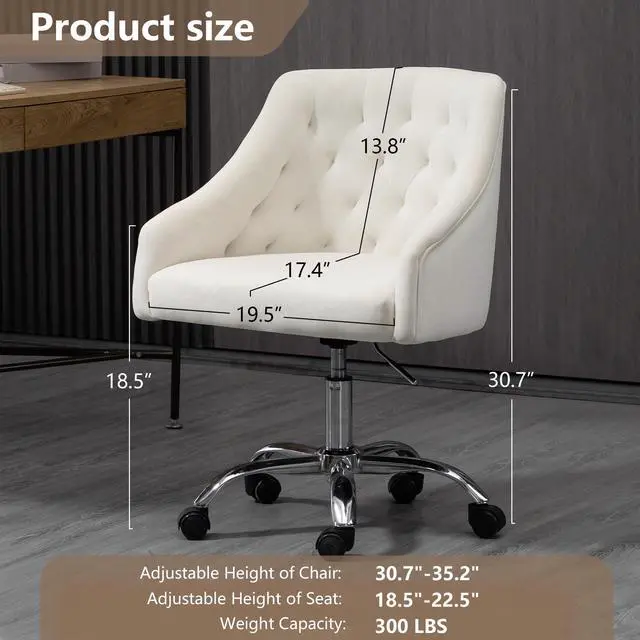 Alt view image 3 of 6 - Home Office Chair, Velvet Swivel Adjustable Accent Vanity Chair with Arms Nailhead Trim for Bedroom, for to Living Room, Studying, Office (Ivory White)