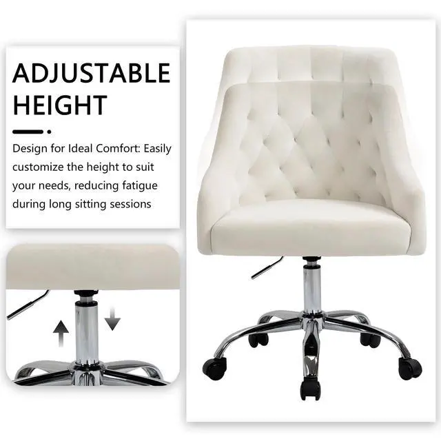 Alt view image 4 of 6 - Home Office Chair, Velvet Swivel Adjustable Accent Vanity Chair with Arms Nailhead Trim for Bedroom, for to Living Room, Studying, Office (Ivory White)