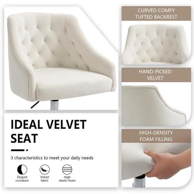 Alt view image 5 of 6 - Home Office Chair, Velvet Swivel Adjustable Accent Vanity Chair with Arms Nailhead Trim for Bedroom, for to Living Room, Studying, Office (Ivory White)