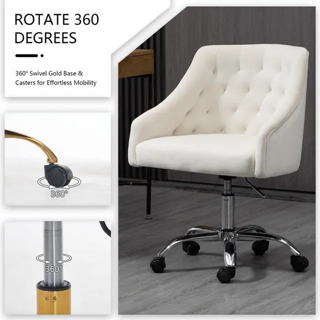 Alt view image 6 of 6 - Home Office Chair, Velvet Swivel Adjustable Accent Vanity Chair with Arms Nailhead Trim for Bedroom, for to Living Room, Studying, Office (Ivory White)