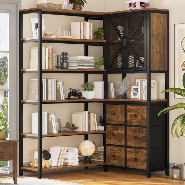 Main image of Corner Bookshelf, 6 Tier Industrial Convertible Bookshelf with 6 Fabric Drawers, Corner Bookcase Large L Shaped Storage Display Shelf for Home Office, Living Room, Kitchen, Rustic Brown