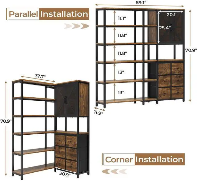 Alt view image 2 of 6 - Corner Bookshelf, 6 Tier Industrial Convertible Bookshelf with 6 Fabric Drawers, Corner Bookcase Large L Shaped Storage Display Shelf for Home Office, Living Room, Kitchen, Rustic Brown