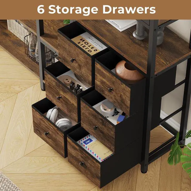 Alt view image 3 of 6 - Corner Bookshelf, 6 Tier Industrial Convertible Bookshelf with 6 Fabric Drawers, Corner Bookcase Large L Shaped Storage Display Shelf for Home Office, Living Room, Kitchen, Rustic Brown