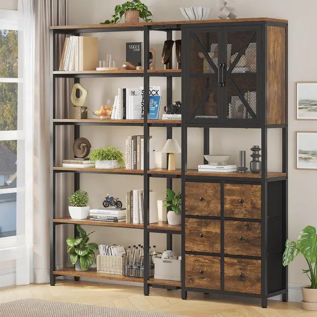 Alt view image 4 of 6 - Corner Bookshelf, 6 Tier Industrial Convertible Bookshelf with 6 Fabric Drawers, Corner Bookcase Large L Shaped Storage Display Shelf for Home Office, Living Room, Kitchen, Rustic Brown