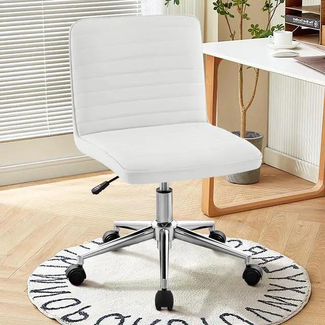 Main image of PU Leather Armless Office Chair - 360° Swivel Computer Desk Chair with Adjustable Height & Comfy Chrome Legs, Ivory White - Perfect for Home Office, Bedroom, Living Room & Vanity, Ivory White