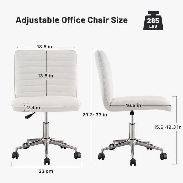 Alt view image 2 of 6 - PU Leather Armless Office Chair - 360° Swivel Computer Desk Chair with Adjustable Height & Comfy Chrome Legs, Ivory White - Perfect for Home Office, Bedroom, Living Room & Vanity, Ivory White