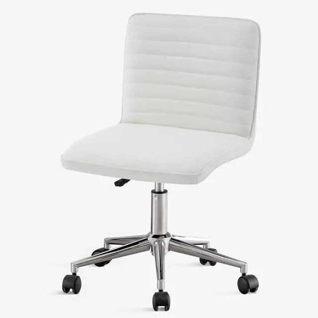 Alt view image 3 of 6 - PU Leather Armless Office Chair - 360° Swivel Computer Desk Chair with Adjustable Height & Comfy Chrome Legs, Ivory White - Perfect for Home Office, Bedroom, Living Room & Vanity, Ivory White