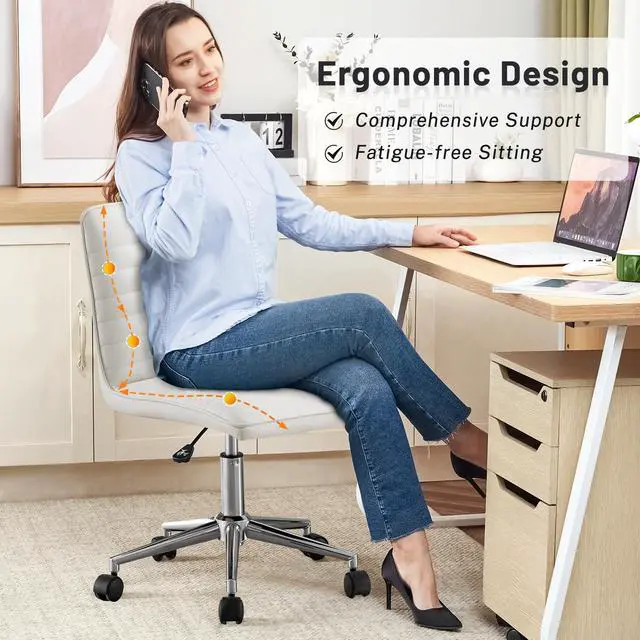 Alt view image 4 of 6 - PU Leather Armless Office Chair - 360° Swivel Computer Desk Chair with Adjustable Height & Comfy Chrome Legs, Ivory White - Perfect for Home Office, Bedroom, Living Room & Vanity, Ivory White