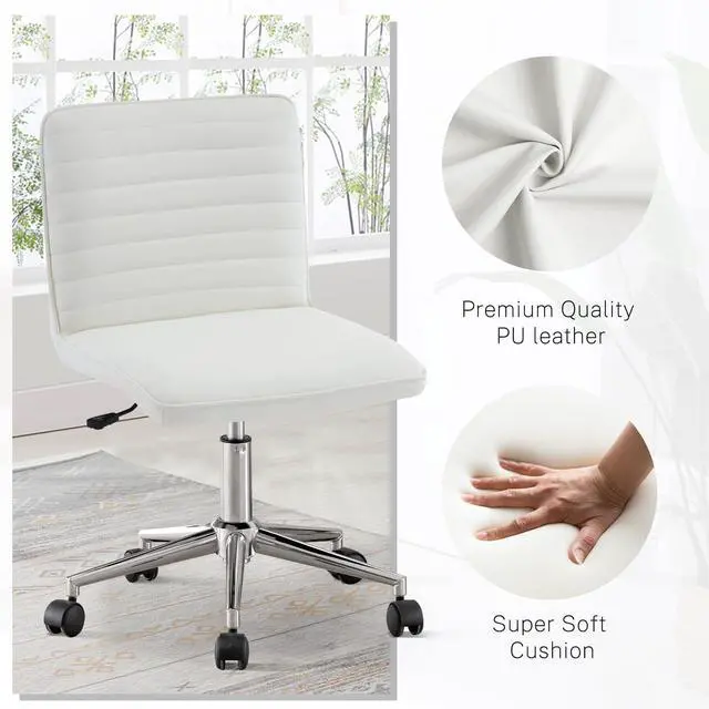 Alt view image 5 of 6 - PU Leather Armless Office Chair - 360° Swivel Computer Desk Chair with Adjustable Height & Comfy Chrome Legs, Ivory White - Perfect for Home Office, Bedroom, Living Room & Vanity, Ivory White