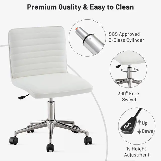 Alt view image 6 of 6 - PU Leather Armless Office Chair - 360° Swivel Computer Desk Chair with Adjustable Height & Comfy Chrome Legs, Ivory White - Perfect for Home Office, Bedroom, Living Room & Vanity, Ivory White