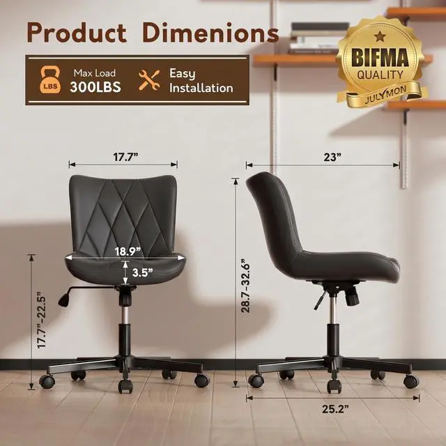 Alt view image 2 of 6 - Armless Desk Chair, Morden Home Office Chair no Arms, Adjustable Height & Rocking Computer Chair, PU Leather Vanity Chair, Ergonomic Seat Soft Padded Desk Chairs for Home Small Space, Black