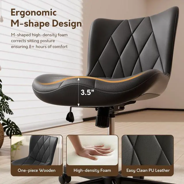 Alt view image 5 of 6 - Armless Desk Chair, Morden Home Office Chair no Arms, Adjustable Height & Rocking Computer Chair, PU Leather Vanity Chair, Ergonomic Seat Soft Padded Desk Chairs for Home Small Space, Black