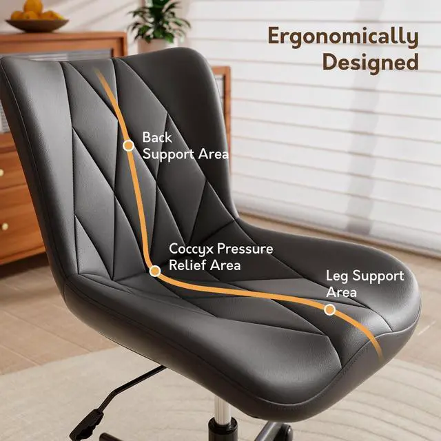 Alt view image 6 of 6 - Armless Desk Chair, Morden Home Office Chair no Arms, Adjustable Height & Rocking Computer Chair, PU Leather Vanity Chair, Ergonomic Seat Soft Padded Desk Chairs for Home Small Space, Black
