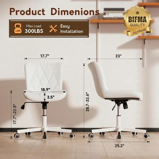 Alt view image 2 of 6 - Armless Desk Chair, Morden Home Office Chair no Arms, Adjustable Height & Rocking Computer Chair, PU Leather Vanity Chair, Ergonomic Seat Soft Padded Desk Chairs for Home Small Space, White