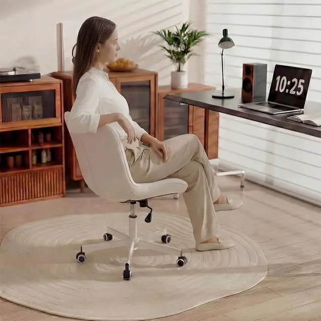 Alt view image 3 of 6 - Armless Desk Chair, Morden Home Office Chair no Arms, Adjustable Height & Rocking Computer Chair, PU Leather Vanity Chair, Ergonomic Seat Soft Padded Desk Chairs for Home Small Space, White