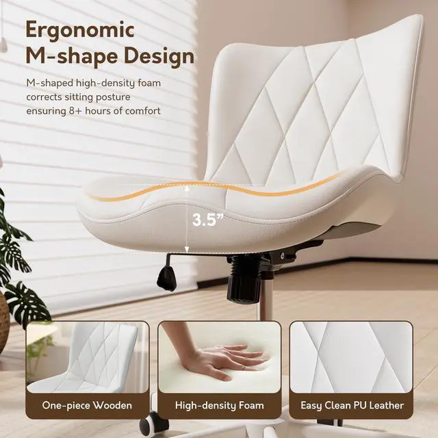 Alt view image 5 of 6 - Armless Desk Chair, Morden Home Office Chair no Arms, Adjustable Height & Rocking Computer Chair, PU Leather Vanity Chair, Ergonomic Seat Soft Padded Desk Chairs for Home Small Space, White