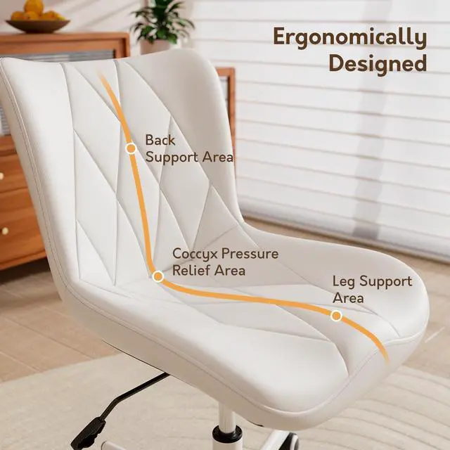 Alt view image 6 of 6 - Armless Desk Chair, Morden Home Office Chair no Arms, Adjustable Height & Rocking Computer Chair, PU Leather Vanity Chair, Ergonomic Seat Soft Padded Desk Chairs for Home Small Space, White
