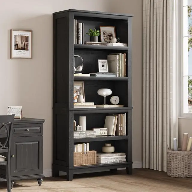 Main image of 71" Farmhouse Bookcase w/Adjustable Shelves & 31.5" Width, 5 Tier Tall Bookshelf with Wooden Legs, Rustic Vintage Book Shelf for Living Room Office Library (Black)