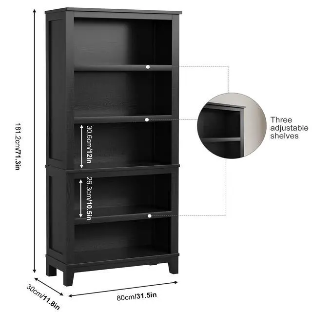 Alt view image 2 of 6 - 71" Farmhouse Bookcase w/Adjustable Shelves & 31.5" Width, 5 Tier Tall Bookshelf with Wooden Legs, Rustic Vintage Book Shelf for Living Room Office Library (Black)