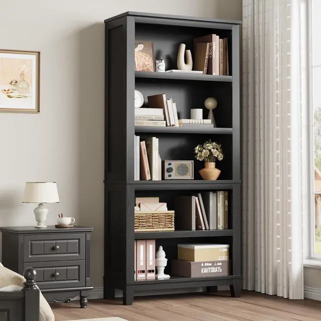 Alt view image 6 of 6 - 71" Farmhouse Bookcase w/Adjustable Shelves & 31.5" Width, 5 Tier Tall Bookshelf with Wooden Legs, Rustic Vintage Book Shelf for Living Room Office Library (Black)