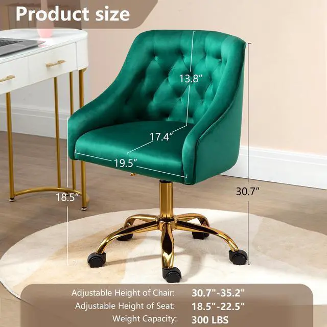 Alt view image 3 of 6 - Home Office Chair, Velvet Swivel Adjustable Accent Vanity Chair with Arms Nailhead Trim for Bedroom, for to Living Room, Studying, Office (Verdant Green)