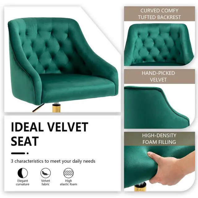 Alt view image 5 of 6 - Home Office Chair, Velvet Swivel Adjustable Accent Vanity Chair with Arms Nailhead Trim for Bedroom, for to Living Room, Studying, Office (Verdant Green)