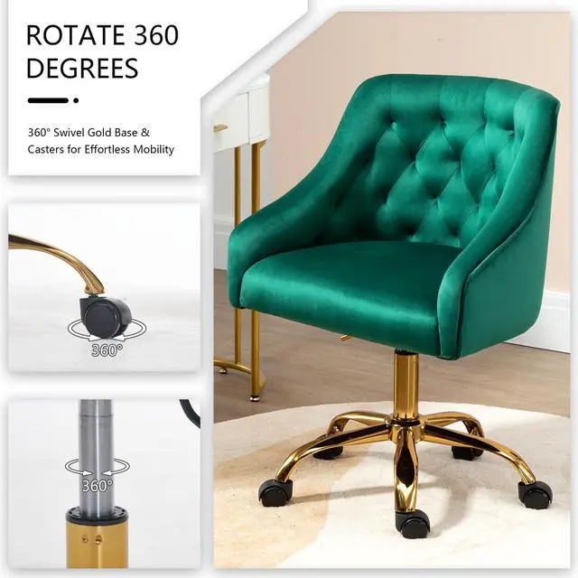Alt view image 6 of 6 - Home Office Chair, Velvet Swivel Adjustable Accent Vanity Chair with Arms Nailhead Trim for Bedroom, for to Living Room, Studying, Office (Verdant Green)