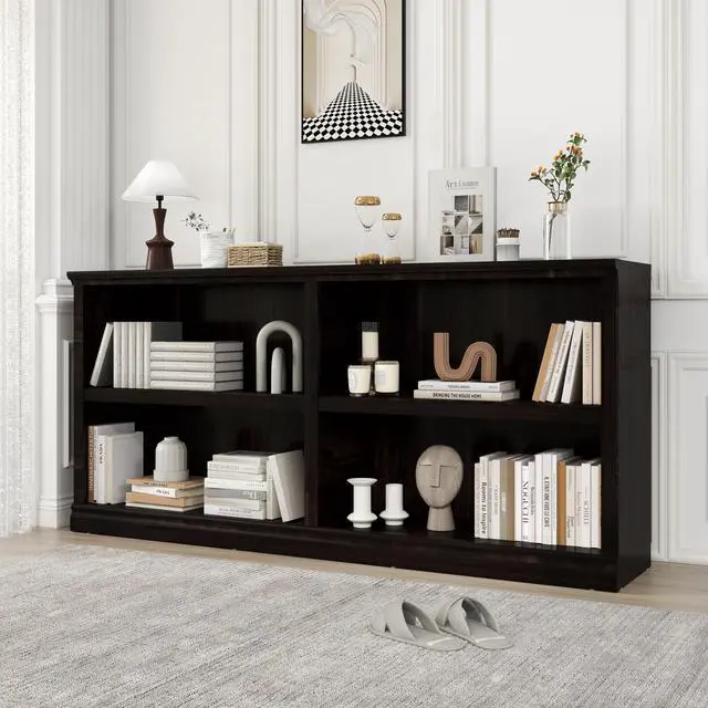 Main image of 64" W Double Wide Horizontal Bookshelf, 2 Tiers 4 Storage Cube Book Case | Open Shelf Bookcase, Display Cabinet Organizer Indoor Furniture, Home Library Office, Dark Cherry, Adjustable Shelf