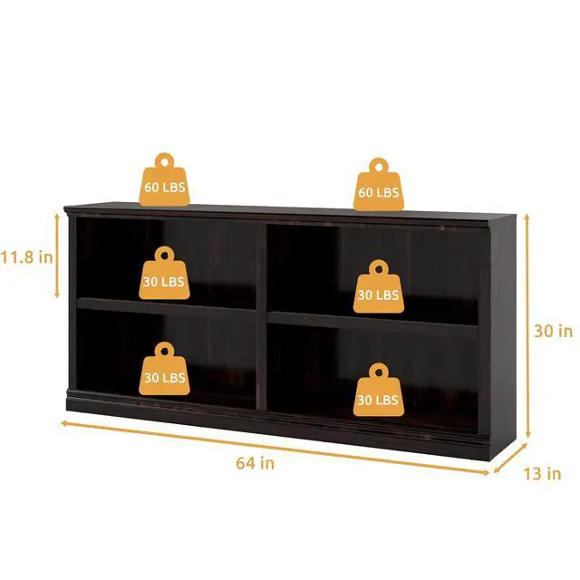Alt view image 2 of 6 - 64" W Double Wide Horizontal Bookshelf, 2 Tiers 4 Storage Cube Book Case | Open Shelf Bookcase, Display Cabinet Organizer Indoor Furniture, Home Library Office, Dark Cherry, Adjustable Shelf