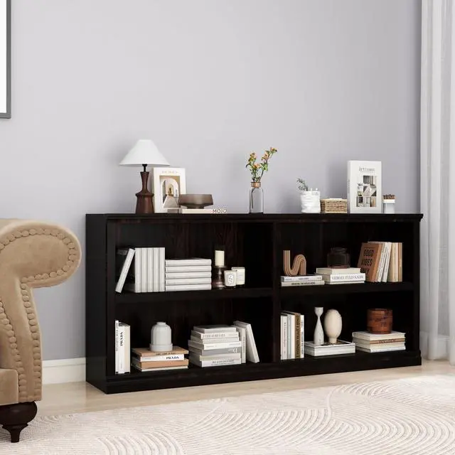 Alt view image 3 of 6 - 64" W Double Wide Horizontal Bookshelf, 2 Tiers 4 Storage Cube Book Case | Open Shelf Bookcase, Display Cabinet Organizer Indoor Furniture, Home Library Office, Dark Cherry, Adjustable Shelf