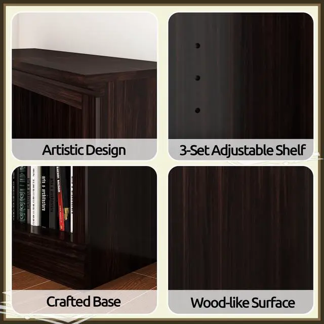 Alt view image 5 of 6 - 64" W Double Wide Horizontal Bookshelf, 2 Tiers 4 Storage Cube Book Case | Open Shelf Bookcase, Display Cabinet Organizer Indoor Furniture, Home Library Office, Dark Cherry, Adjustable Shelf