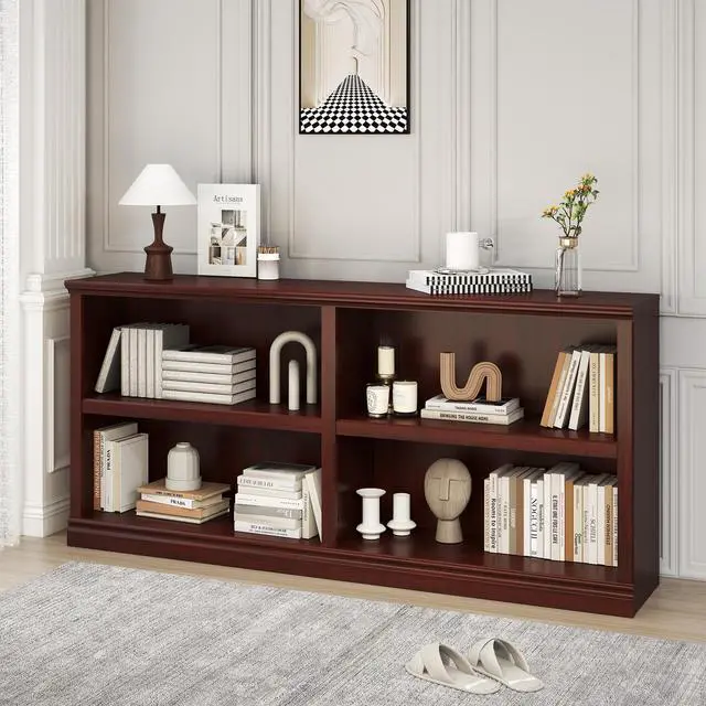 Main image of Double Wide Open Shelf Bookcase - 2 Tiers 4 Storage Cube Adjustable Space Book Case, Display Cabinet Organizer with Bookshelf, 64.8 inch Width Indoor Furniture for Home Library Office, Mahogany