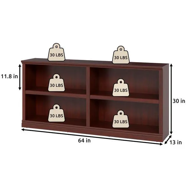 Alt view image 2 of 6 - Double Wide Open Shelf Bookcase - 2 Tiers 4 Storage Cube Adjustable Space Book Case, Display Cabinet Organizer with Bookshelf, 64.8 inch Width Indoor Furniture for Home Library Office, Mahogany