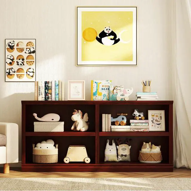 Alt view image 3 of 6 - Double Wide Open Shelf Bookcase - 2 Tiers 4 Storage Cube Adjustable Space Book Case, Display Cabinet Organizer with Bookshelf, 64.8 inch Width Indoor Furniture for Home Library Office, Mahogany