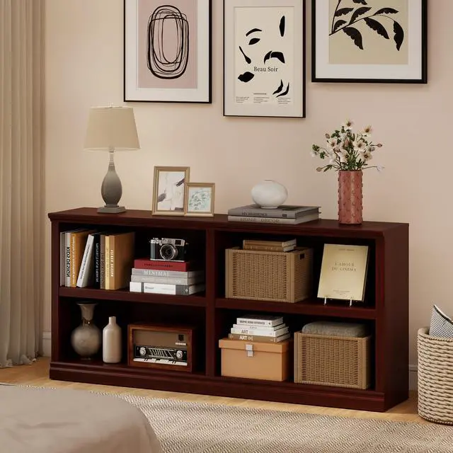 Alt view image 4 of 6 - Double Wide Open Shelf Bookcase - 2 Tiers 4 Storage Cube Adjustable Space Book Case, Display Cabinet Organizer with Bookshelf, 64.8 inch Width Indoor Furniture for Home Library Office, Mahogany