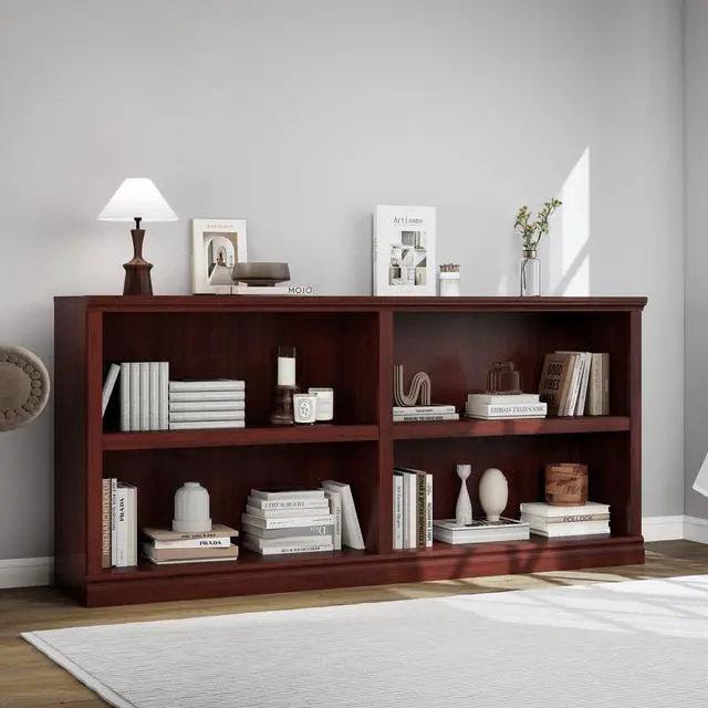 Alt view image 6 of 6 - Double Wide Open Shelf Bookcase - 2 Tiers 4 Storage Cube Adjustable Space Book Case, Display Cabinet Organizer with Bookshelf, 64.8 inch Width Indoor Furniture for Home Library Office, Mahogany