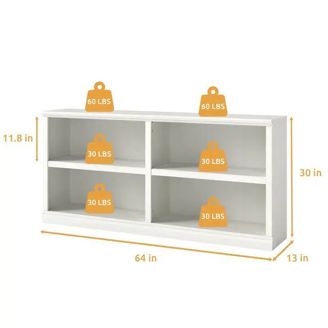 Alt view image 2 of 6 - Double Wide Open Shelf Bookcase - 2 Tiers 4 Storage Cube Adjustable Space Book Case, Display Cabinet Organizer with Bookshelf, 64.8 inch Width Indoor Furniture for Home Library Office, White