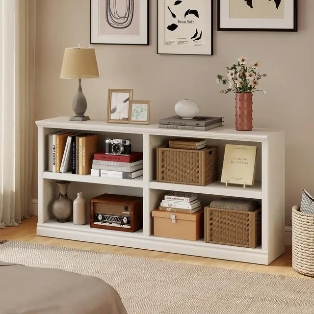 Alt view image 3 of 6 - Double Wide Open Shelf Bookcase - 2 Tiers 4 Storage Cube Adjustable Space Book Case, Display Cabinet Organizer with Bookshelf, 64.8 inch Width Indoor Furniture for Home Library Office, White