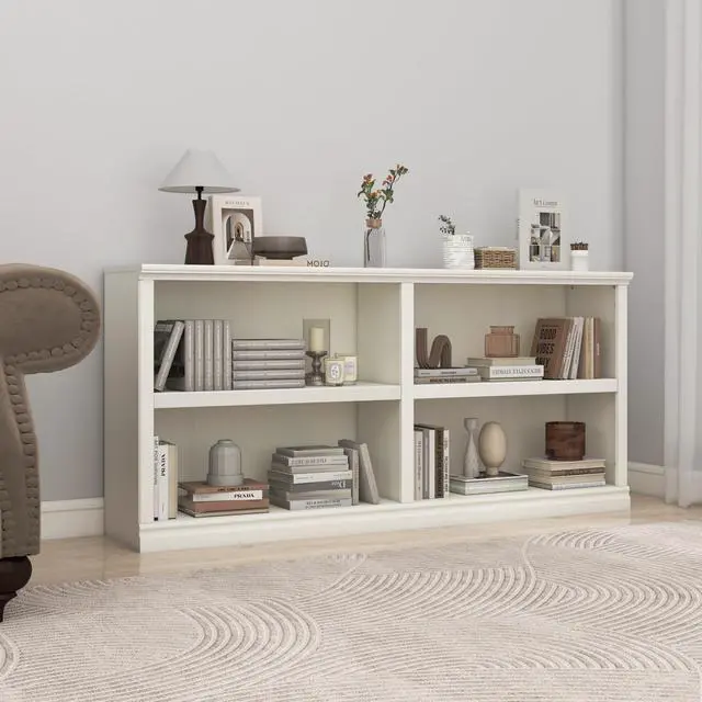 Alt view image 4 of 6 - Double Wide Open Shelf Bookcase - 2 Tiers 4 Storage Cube Adjustable Space Book Case, Display Cabinet Organizer with Bookshelf, 64.8 inch Width Indoor Furniture for Home Library Office, White