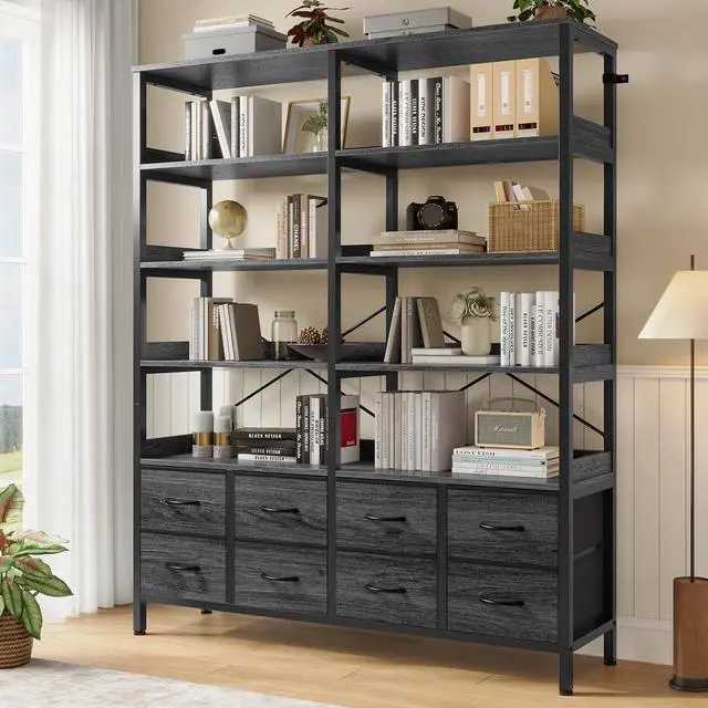 Main image of Bookshelf with 8 Fabric Drawers, 7-Tier Bookcase with Baffles Display Shelves, Industrial Large Book Shelf for Living Room Home Office, Grey