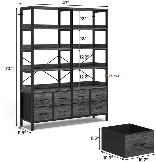 Alt view image 2 of 6 - Bookshelf with 8 Fabric Drawers, 7-Tier Bookcase with Baffles Display Shelves, Industrial Large Book Shelf for Living Room Home Office, Grey