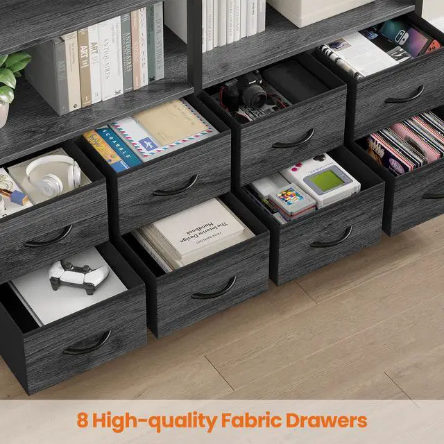 Alt view image 3 of 6 - Bookshelf with 8 Fabric Drawers, 7-Tier Bookcase with Baffles Display Shelves, Industrial Large Book Shelf for Living Room Home Office, Grey