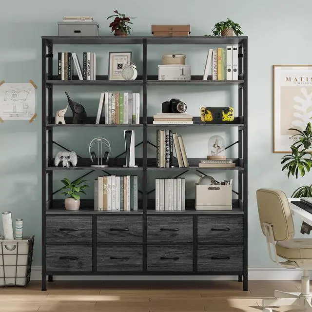 Alt view image 5 of 6 - Bookshelf with 8 Fabric Drawers, 7-Tier Bookcase with Baffles Display Shelves, Industrial Large Book Shelf for Living Room Home Office, Grey