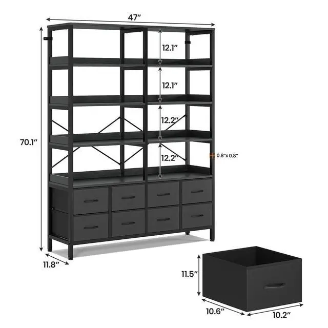 Alt view image 2 of 6 - Bookshelf with 8 Fabric Drawers, 7-Tier Bookcase with Baffles Display Shelves, Industrial Large Book Shelf for Living Room Home Office, Black
