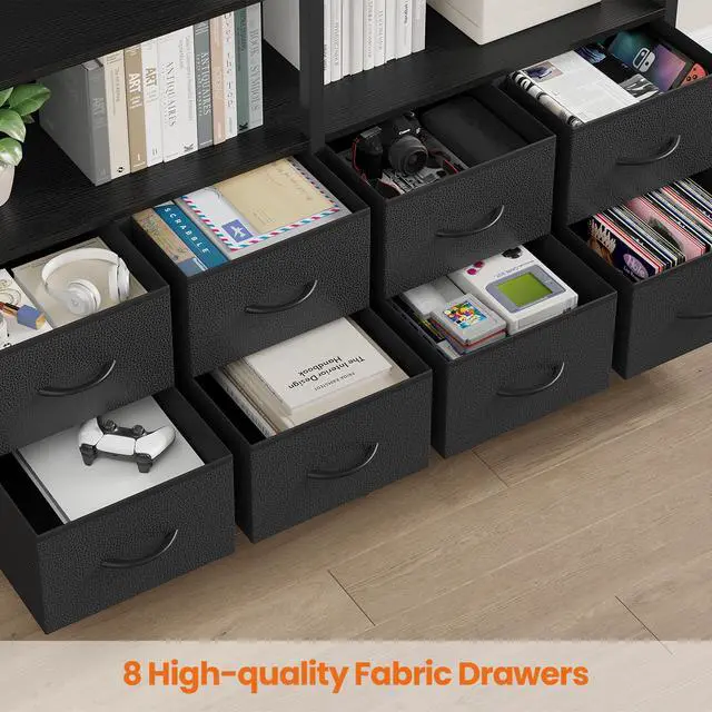 Alt view image 3 of 6 - Bookshelf with 8 Fabric Drawers, 7-Tier Bookcase with Baffles Display Shelves, Industrial Large Book Shelf for Living Room Home Office, Black