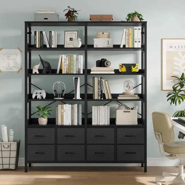 Alt view image 5 of 6 - Bookshelf with 8 Fabric Drawers, 7-Tier Bookcase with Baffles Display Shelves, Industrial Large Book Shelf for Living Room Home Office, Black