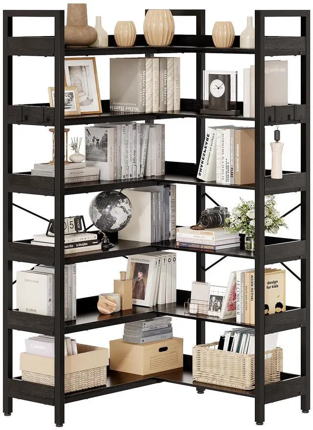 Main image of 6-Tier Corner Bookshelf, Reversible L-Shaped Bookcase with 4 Hooks, 69" Industrial Wood & Metal Storage Shelf for Living Room, Home Office & Bedroom, Black